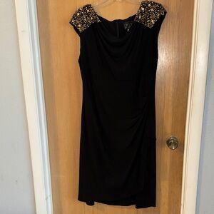Alex Evenings Black Faux Wrap Dress with Embellished Shoulders 16